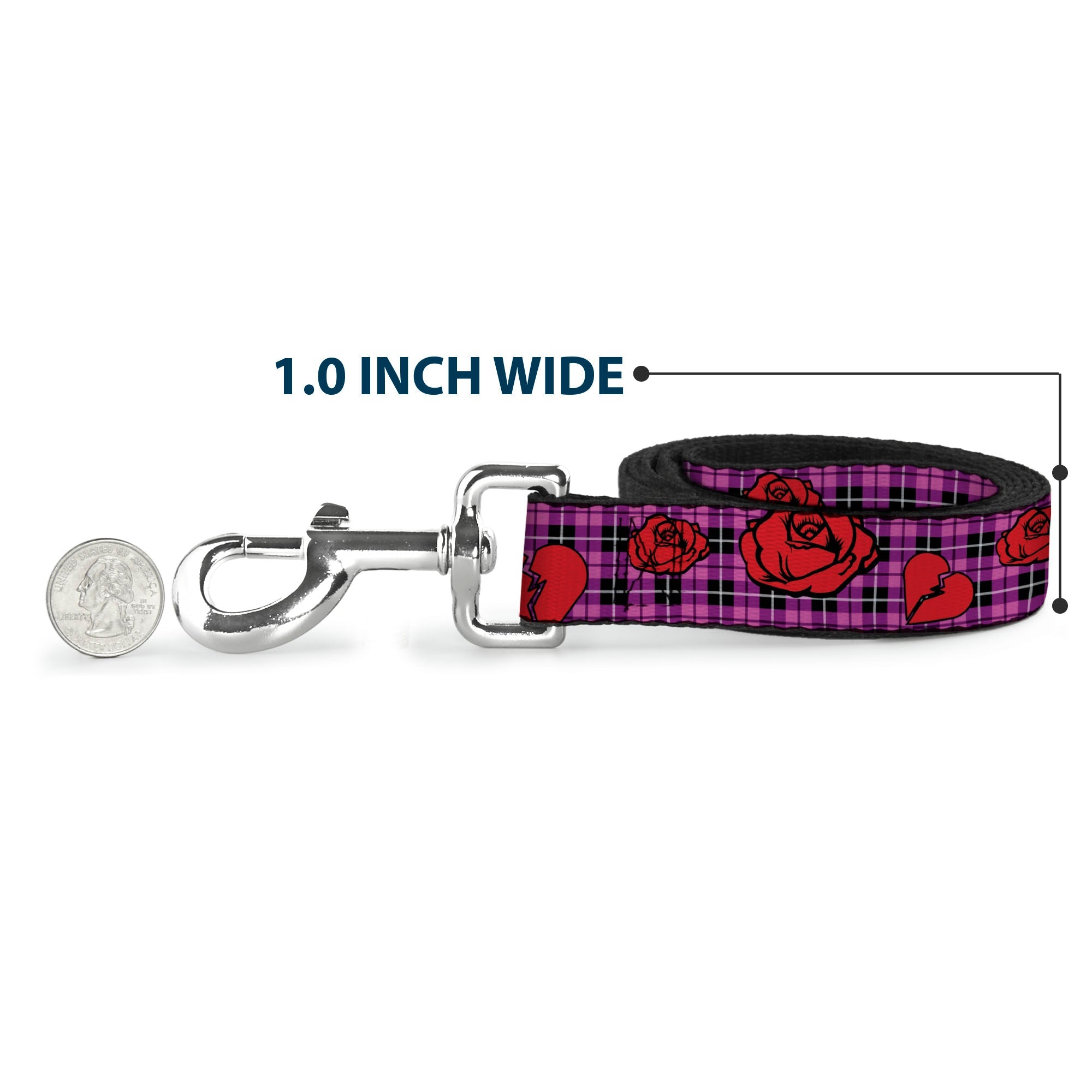 Dog Leash - Broken Hearts & Roses w/Fuchsia Plaid