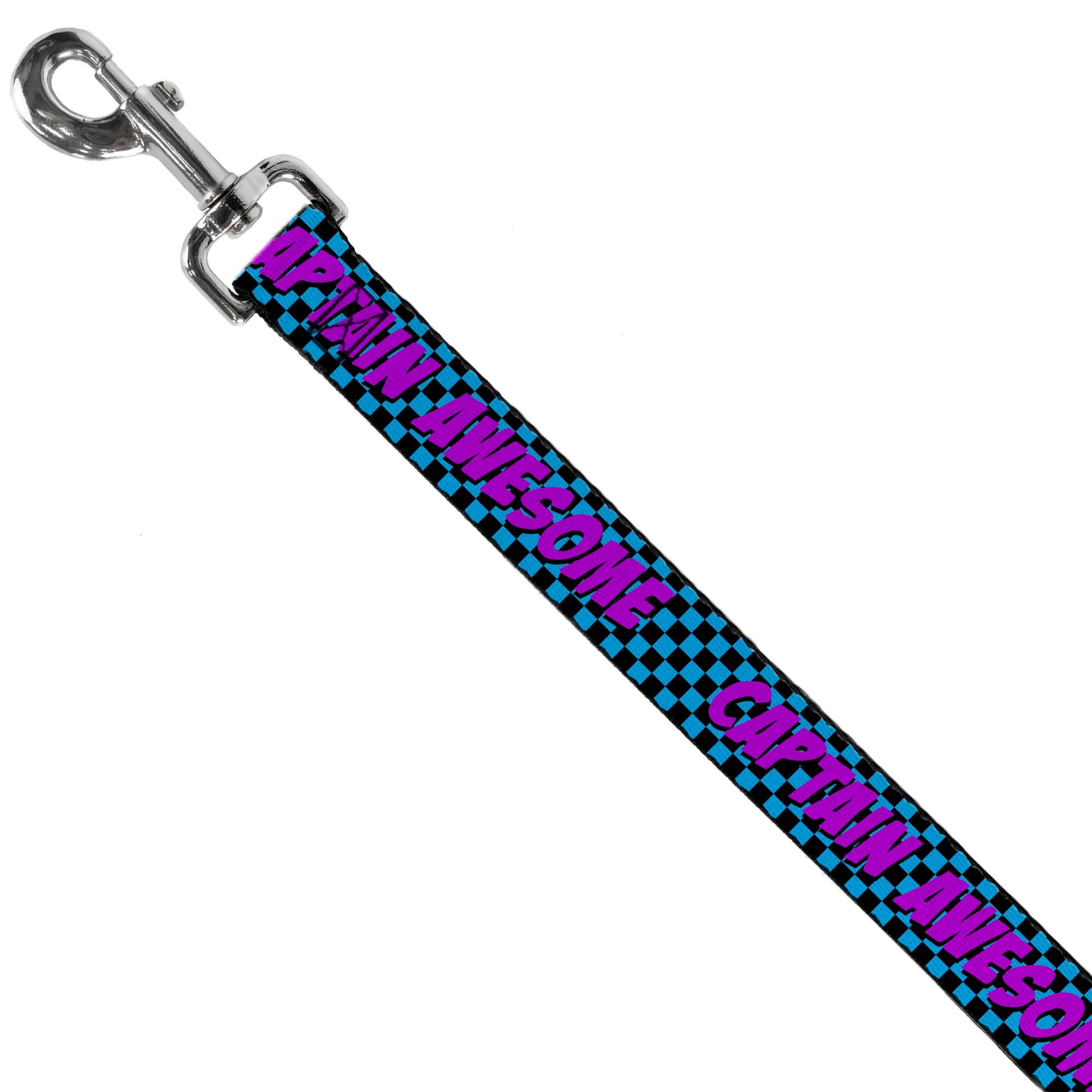 Turquoise checker-patterned dog leash with fuchsia text reading "CAPTAIN AWESOME" from Southlake Paws.