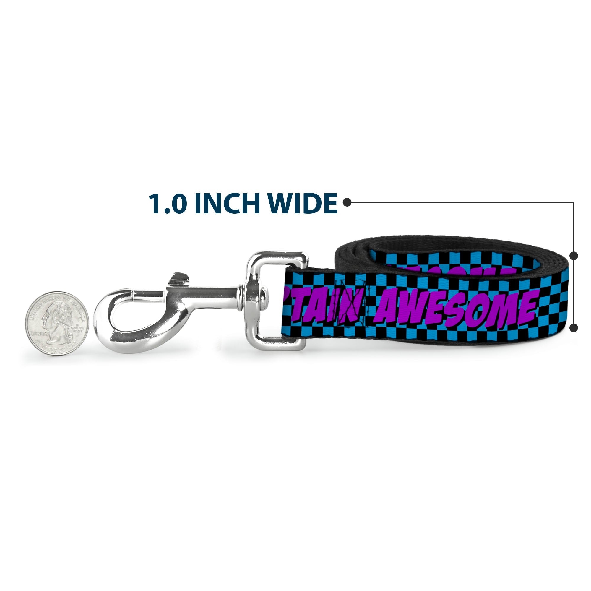 Turquoise checker and fuchsia dog leash by Southlake Paws, 1 inch wide, featuring "CAPTAIN AWESOME" text.