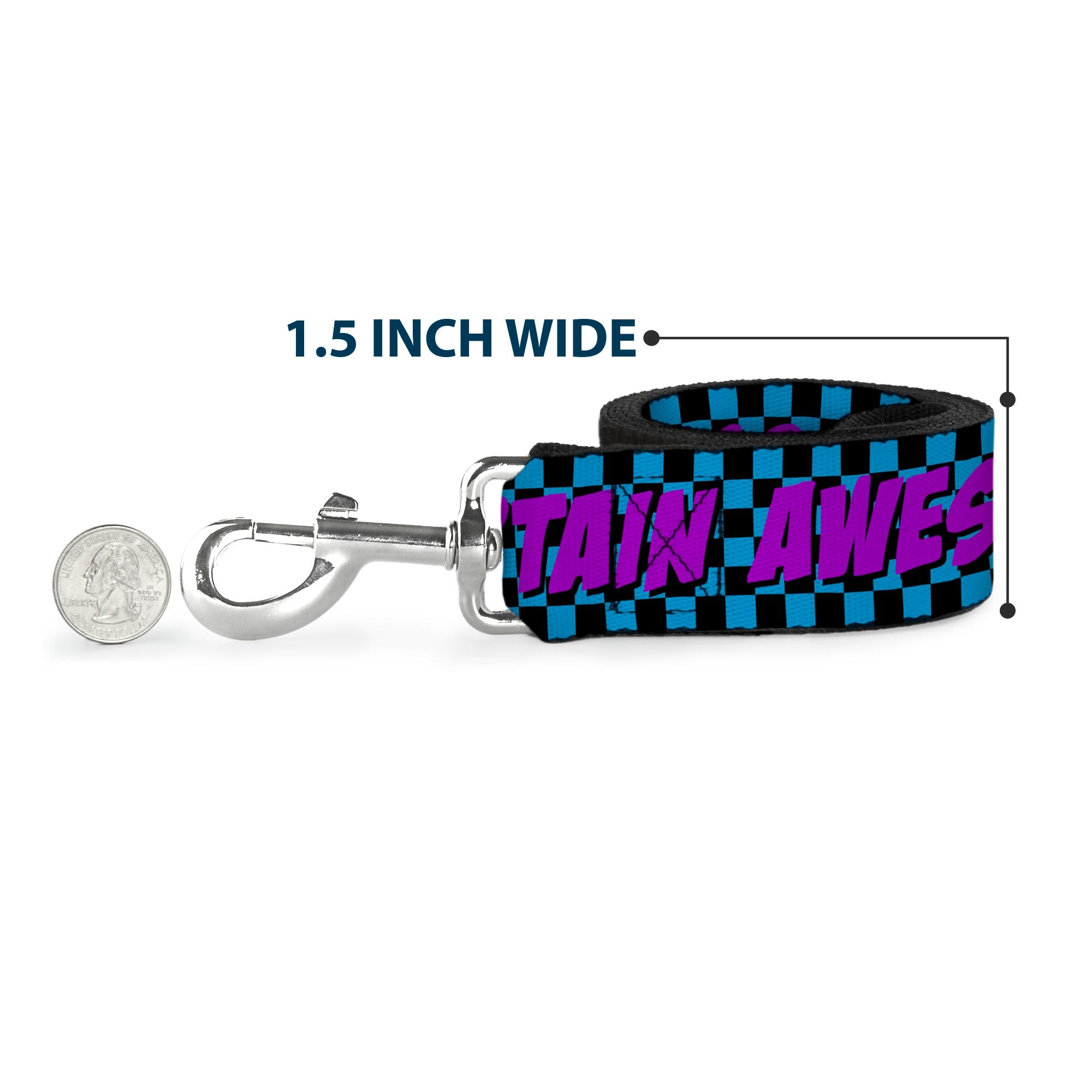 Turquoise checker-patterned dog leash with fuchsia text "CAPTAIN AWESOME," 1.5 inches wide, featuring a silver clip.