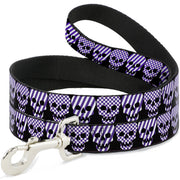 Dog Leash - Checker & Stripe Skulls Black/White/Purple