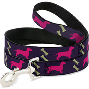 Dog Leash - Dachshunds & Bones Purple/Fuchsia/Green