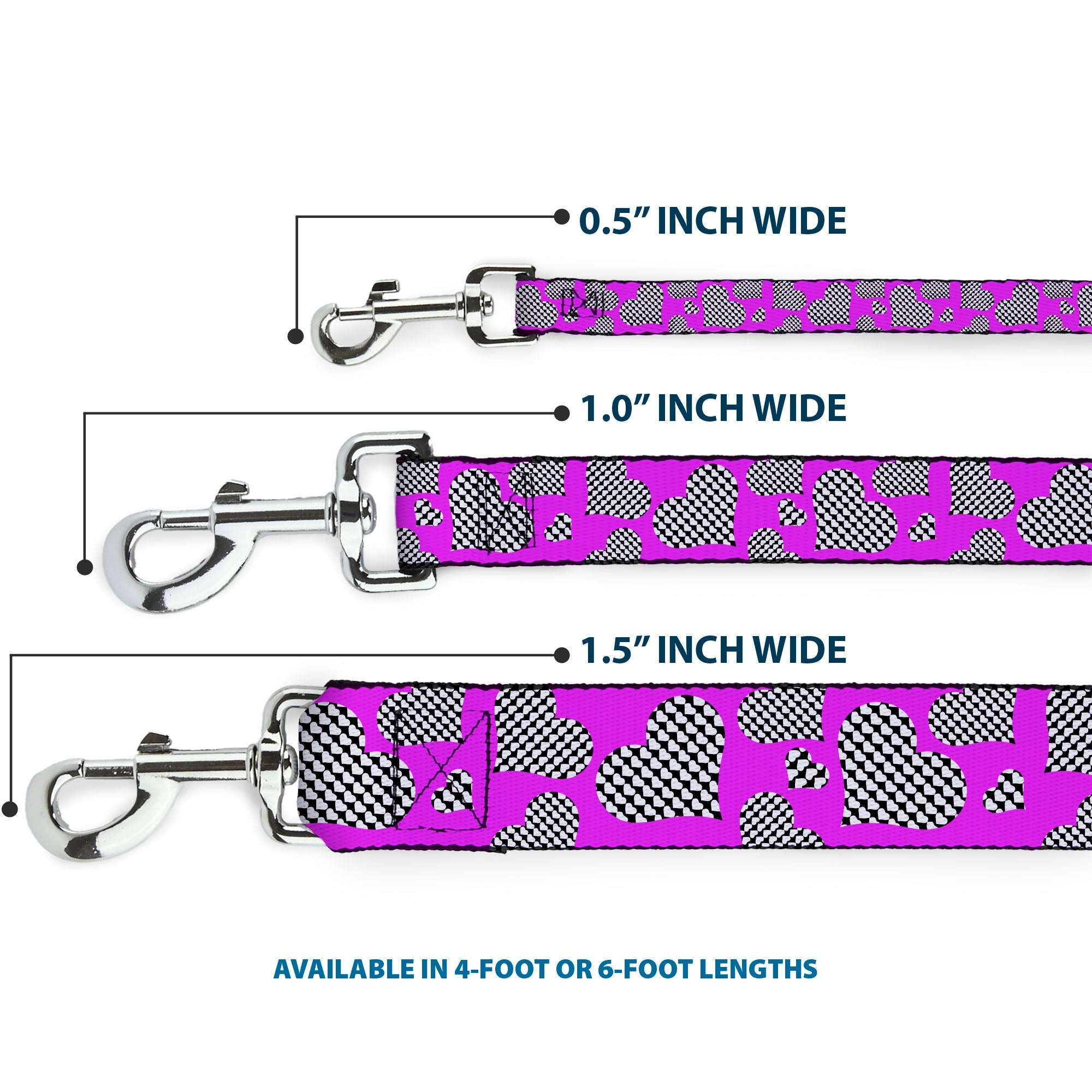 Dog Leash - Eighties Hearts Fuchsia/Black/White