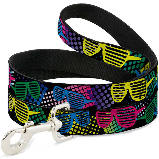 Colorful dog leash featuring a black background with neon sunglasses patterns in pink, green, and blue. Ideal for stylish wal