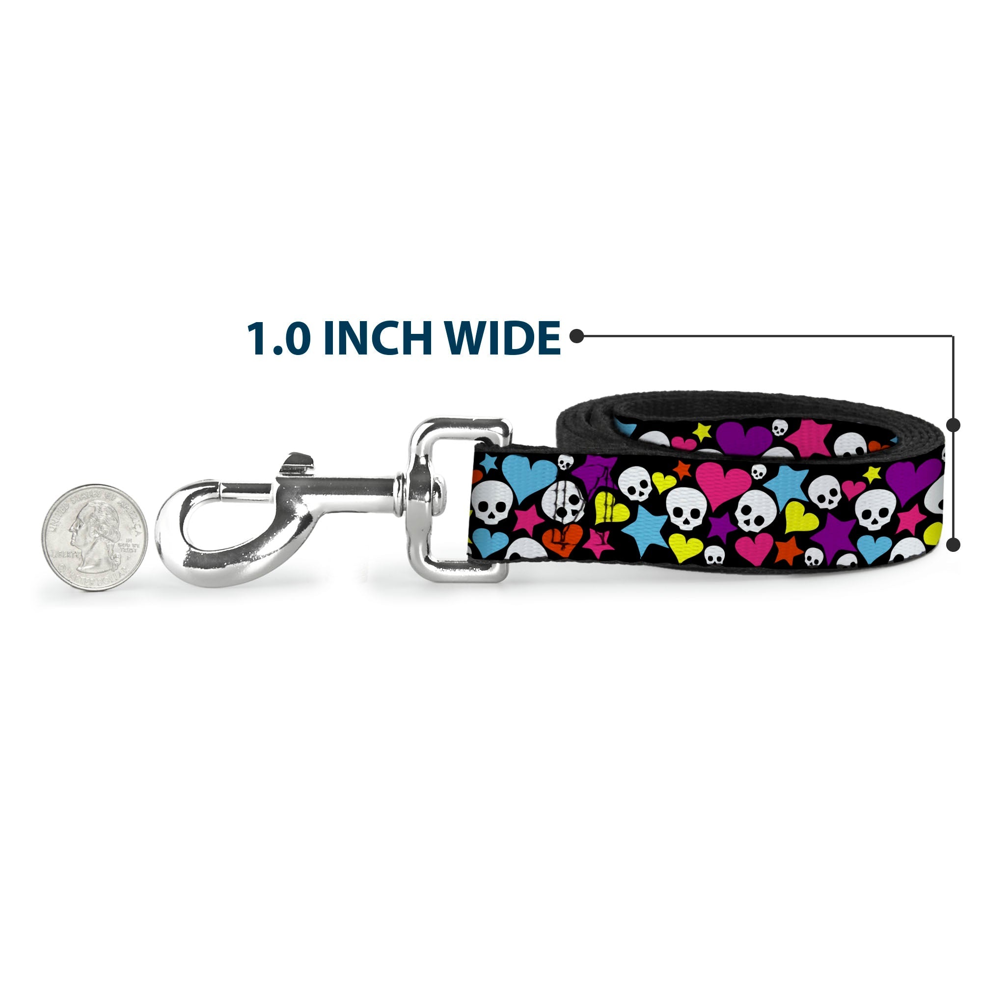 Dog Leash - Funky Skulls Hearts & Stars Black/Multi Color