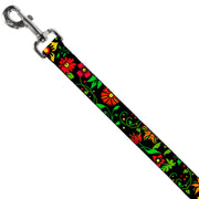 Dog Leash - Floral Collage2 Black/Red/Orange/Green