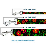 Dog Leash - Floral Collage2 Black/Red/Orange/Green