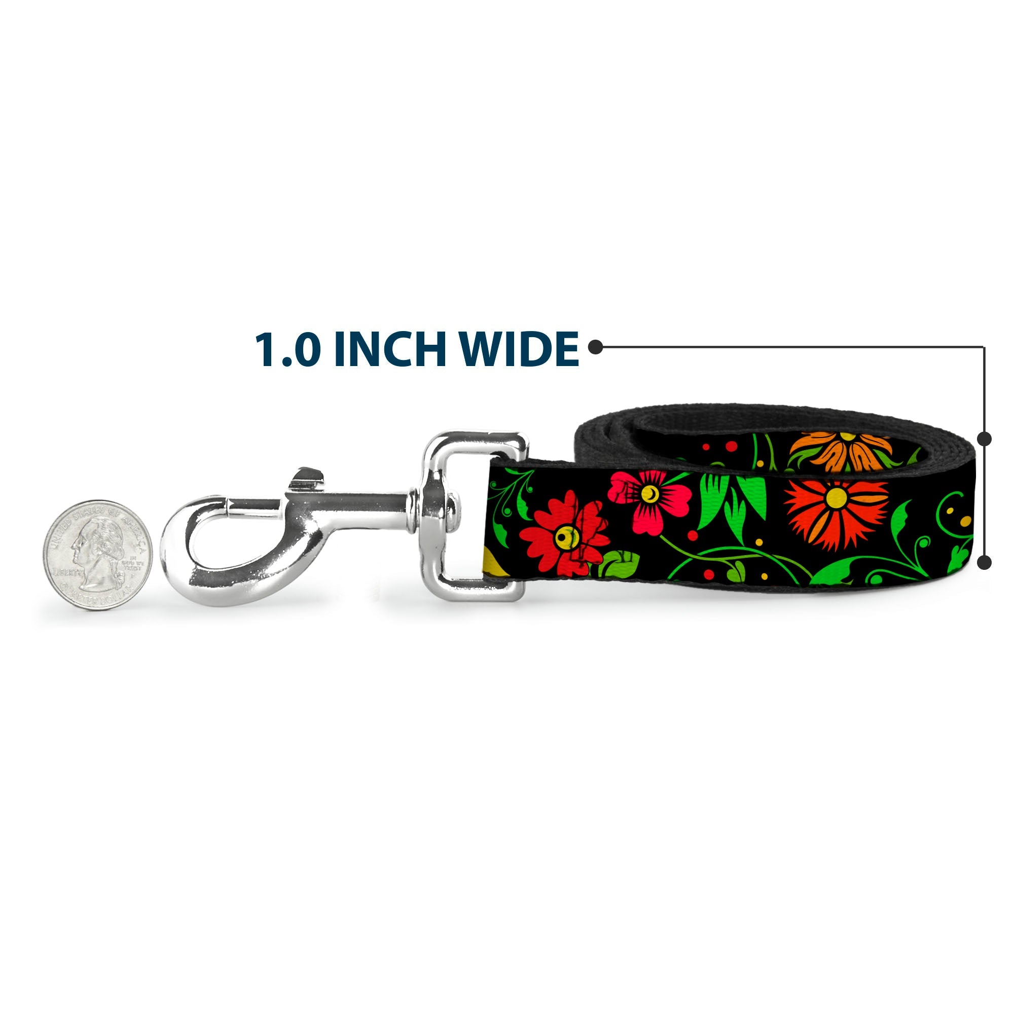 Dog Leash - Floral Collage2 Black/Red/Orange/Green