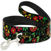 Dog Leash - Floral Collage2 Black/Red/Orange/Green