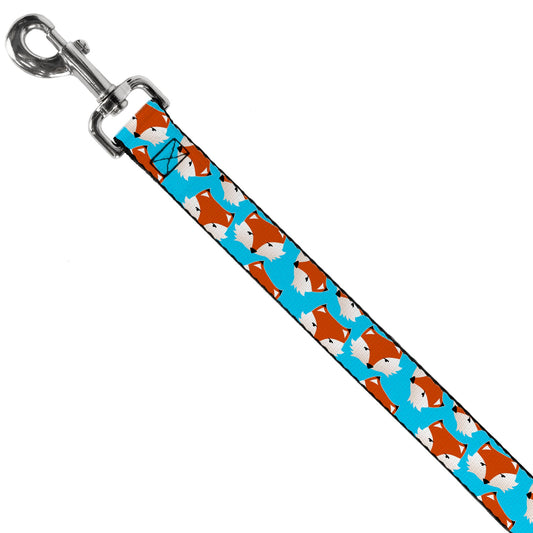 Sky blue dog leash featuring a playful fox face pattern, designed by Southlake Paws. Durable clip for easy attachment.