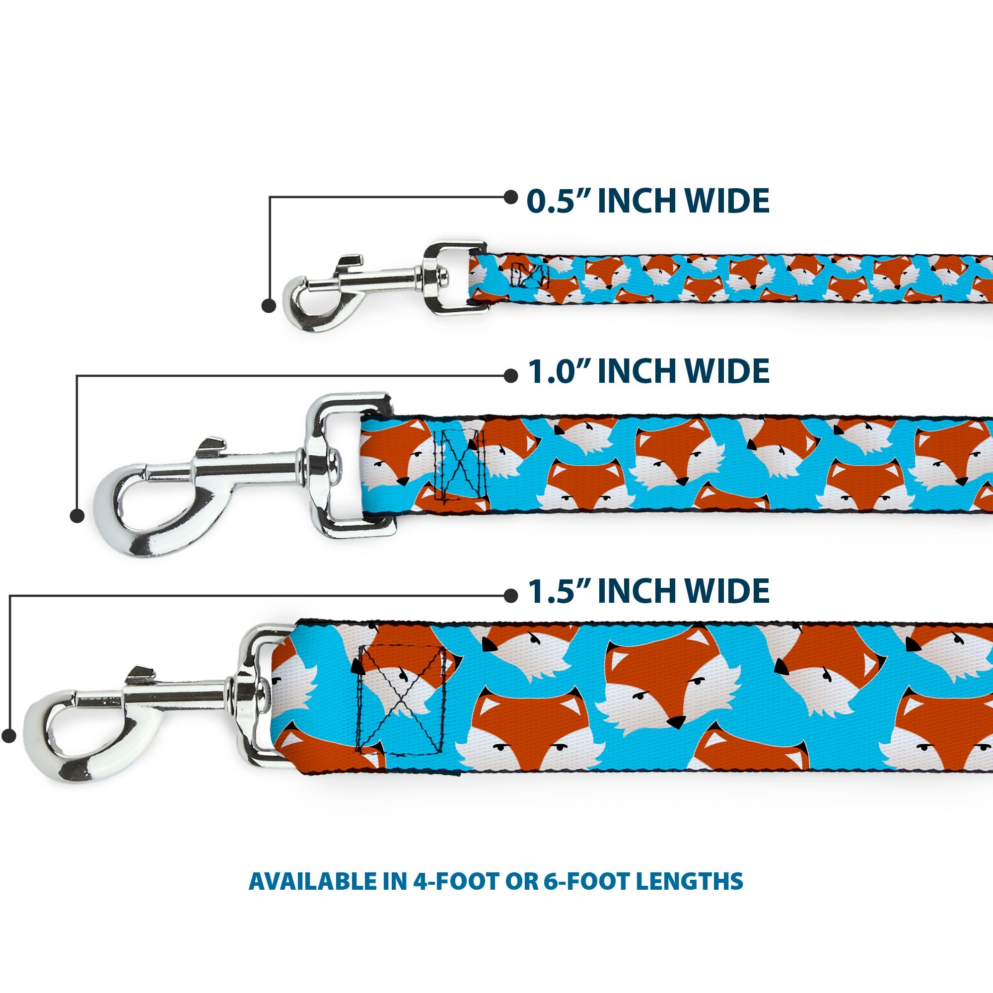 Southlake Paws dog leash featuring a sky blue background with scattered fox faces, available in 4-foot or 6-foot lengths.