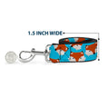 Load image into Gallery viewer, Southlake Paws dog leash featuring a fox face pattern on a sky blue background, 1.5 inches wide, with a silver clip.
