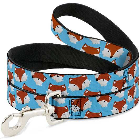 Sky blue dog leash featuring a scattered fox face pattern, with a sturdy metal clip for attachment.
