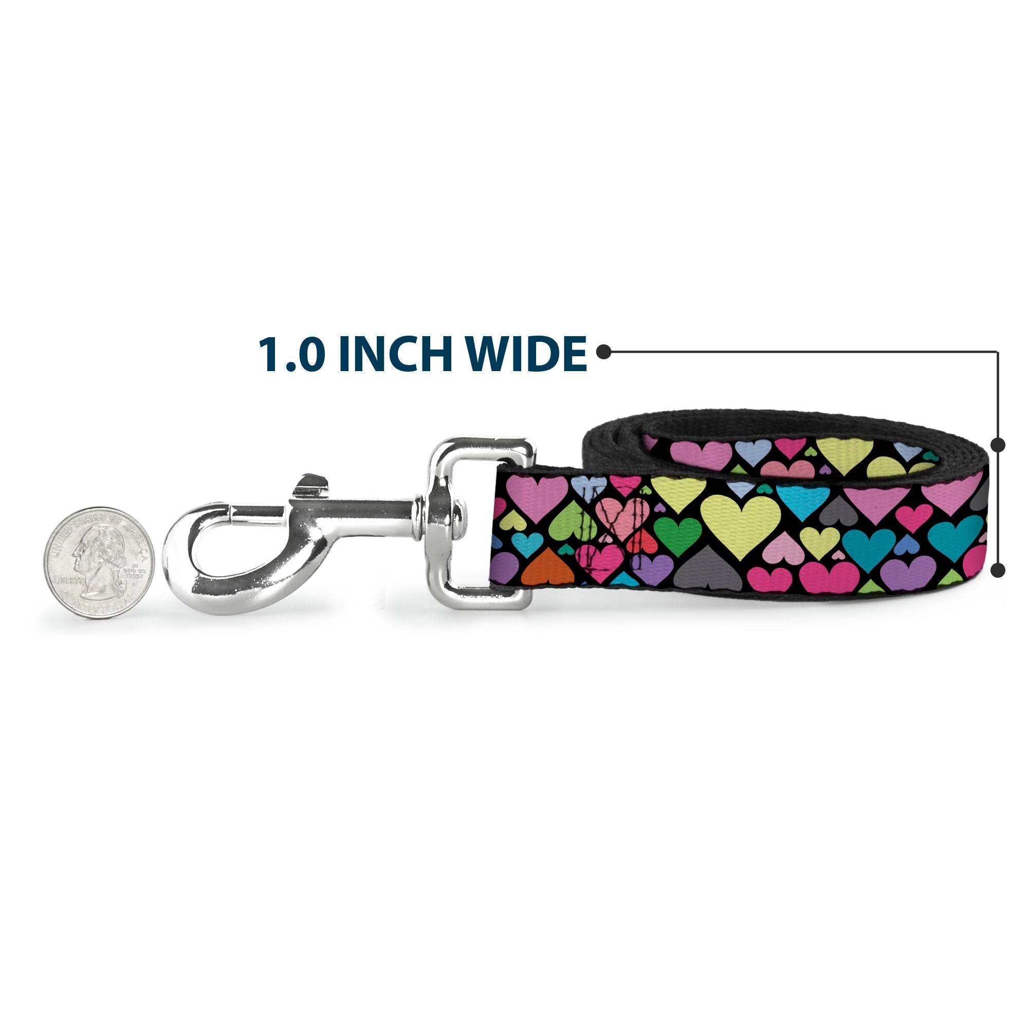 Dog Leash - Hearts Black/Multi Color