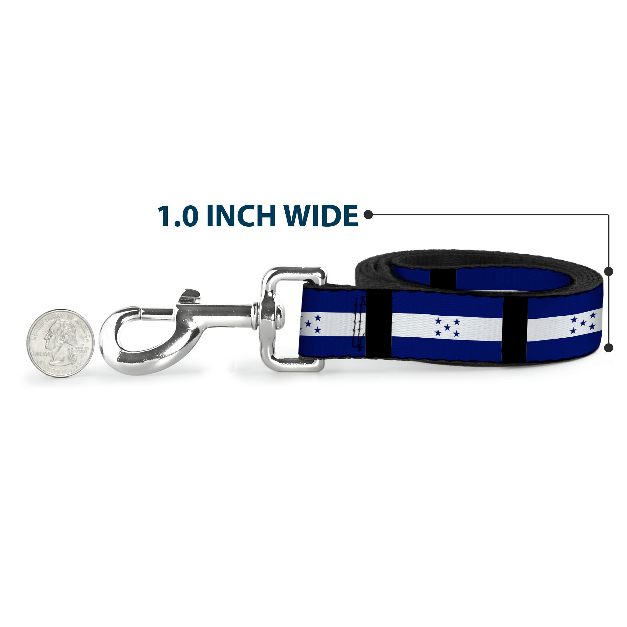 Southlake Paws dog leash featuring Honduras flag design, 1 inch wide, with a silver metal clip and a quarter for size referen