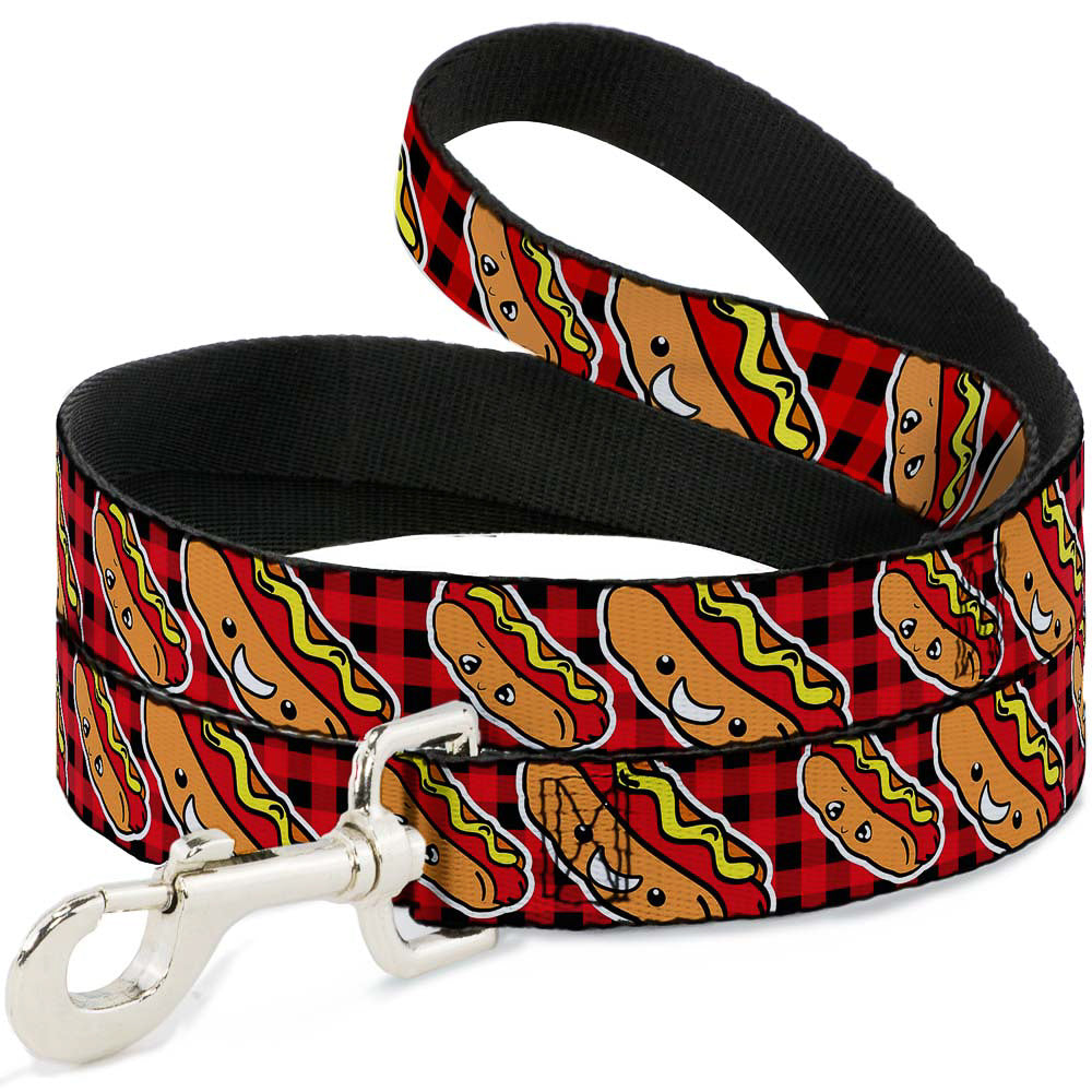 Dog Leash - Hot Dogs/Buffalo Plaid Black/Red