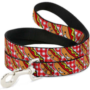 Dog Leash - Hot Dogs Buffalo Plaid White/Red