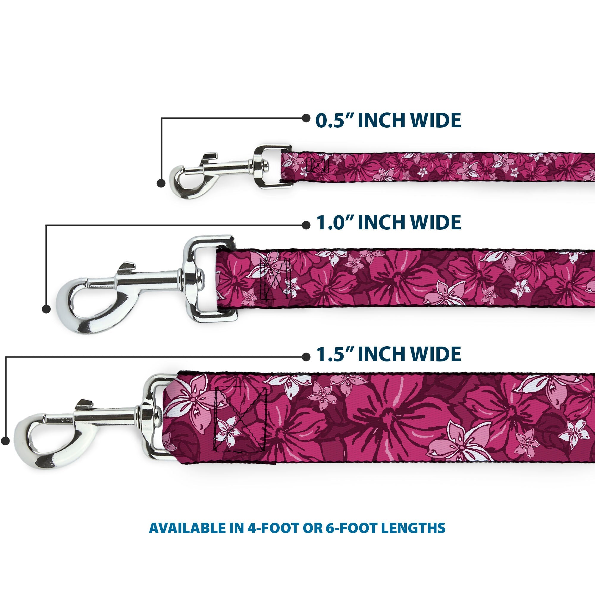 Southlake Paws Dog Leash in Hibiscus Collage with pink shades, available in 0.5", 1.0", and 1.5" widths, 4 or 6 feet long.