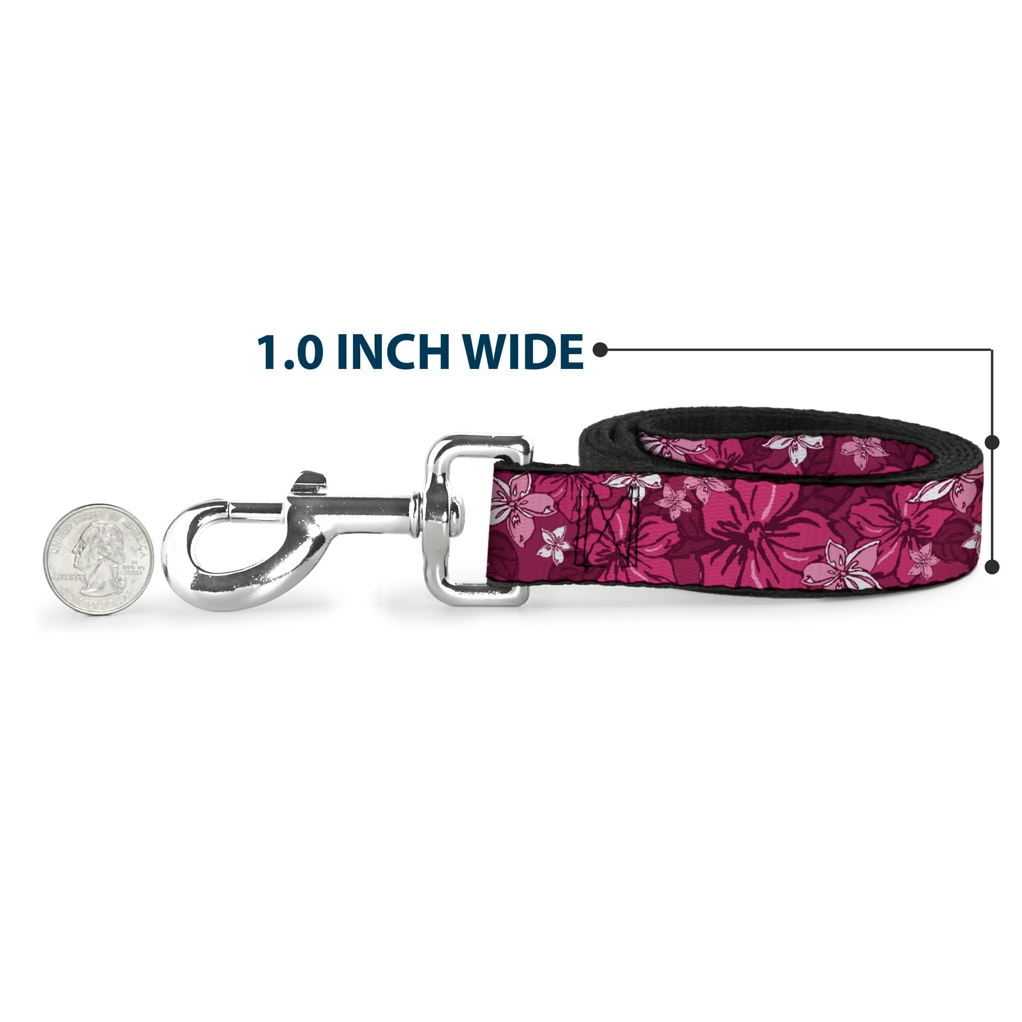 Southlake Paws dog leash in hibiscus collage with pink shades, 1 inch wide, featuring a sturdy metal clip and floral design.