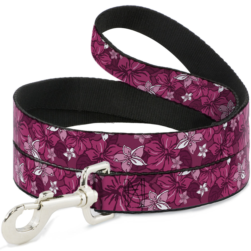 Southlake Paws Dog Leash in hibiscus collage with pink shades, featuring a floral design and a silver clip.