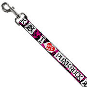 Dog Leash - I Heart Punk Rock w/Safety Pins Black/Fuchsia/White