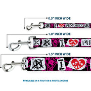 Dog Leash - I Heart Punk Rock w/Safety Pins Black/Fuchsia/White