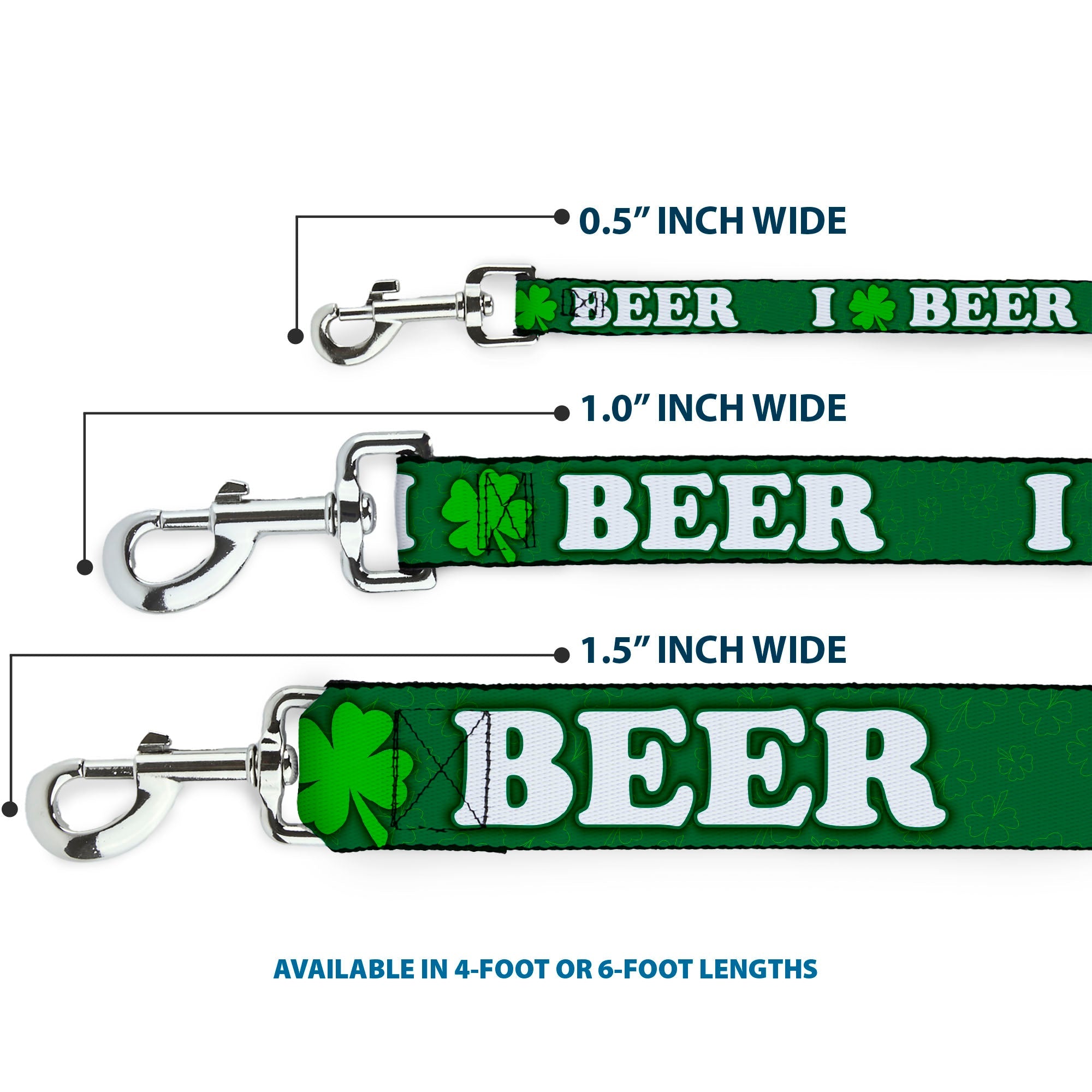 Buckle-Down Dog Leash - I "Clover" BEER/Clover Outlines Greens/White