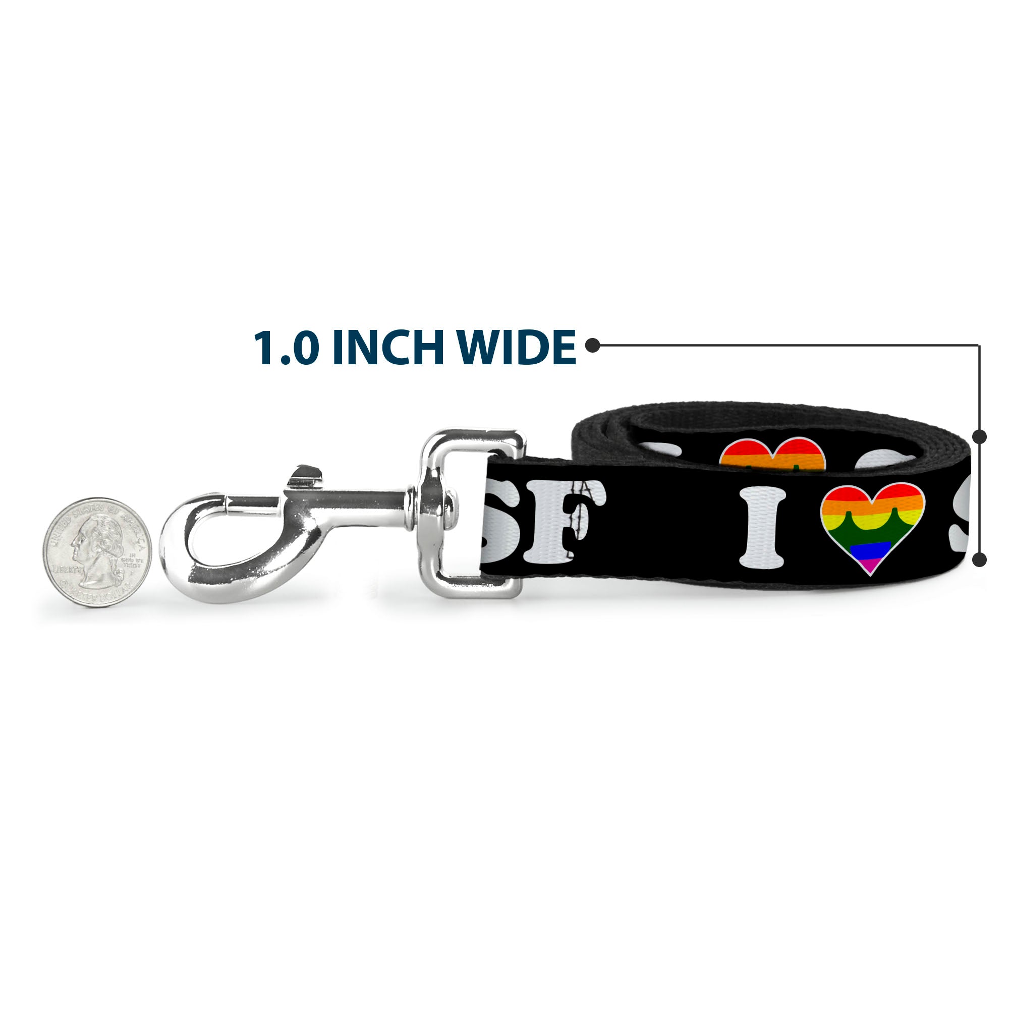Dog Leash - I "HEART BRIDGE" SF Black/White/Rainbow
