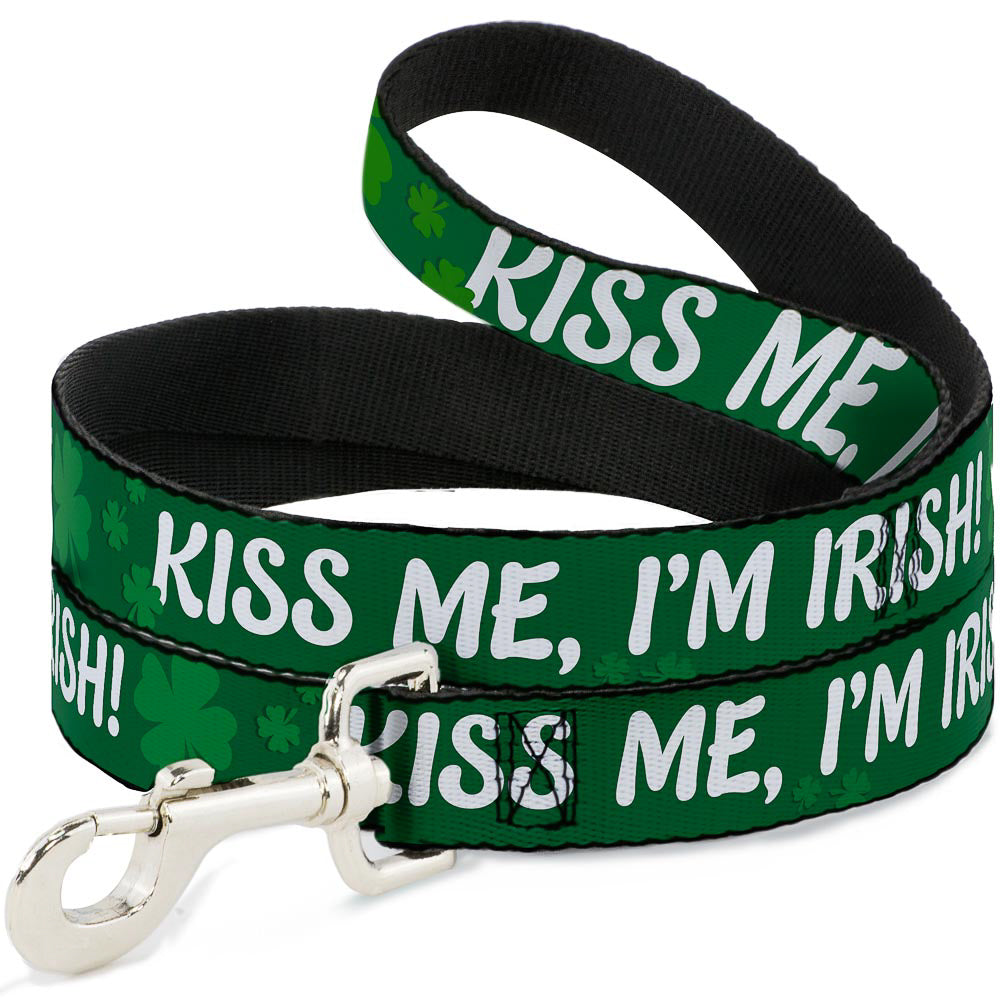 Dog Leash - KISS ME, I'M IRISH! Clovers Green/White