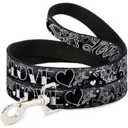 Dog Leash - Love Love Black/White