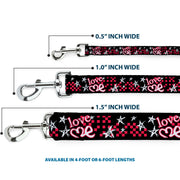 Dog Leash - Love Me w/Sketch Stars & Checkers Black/Fuchsia/White