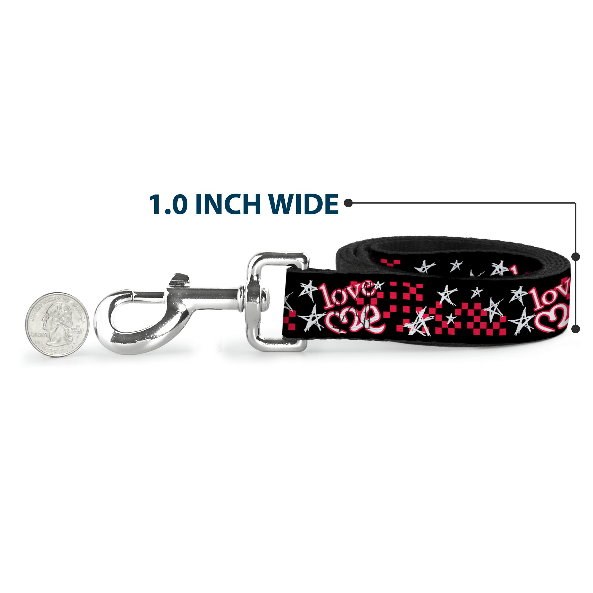 Dog Leash - Love Me w/Sketch Stars & Checkers Black/Fuchsia/White