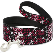 Dog Leash - Love Me w/Sketch Stars & Checkers Black/Fuchsia/White