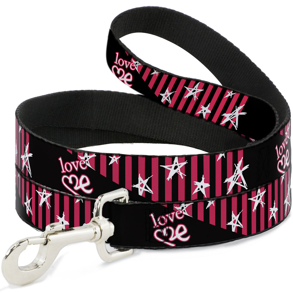 Dog Leash - Love Me w/Sketch Stars & Stripes Black/Fuchsia/White