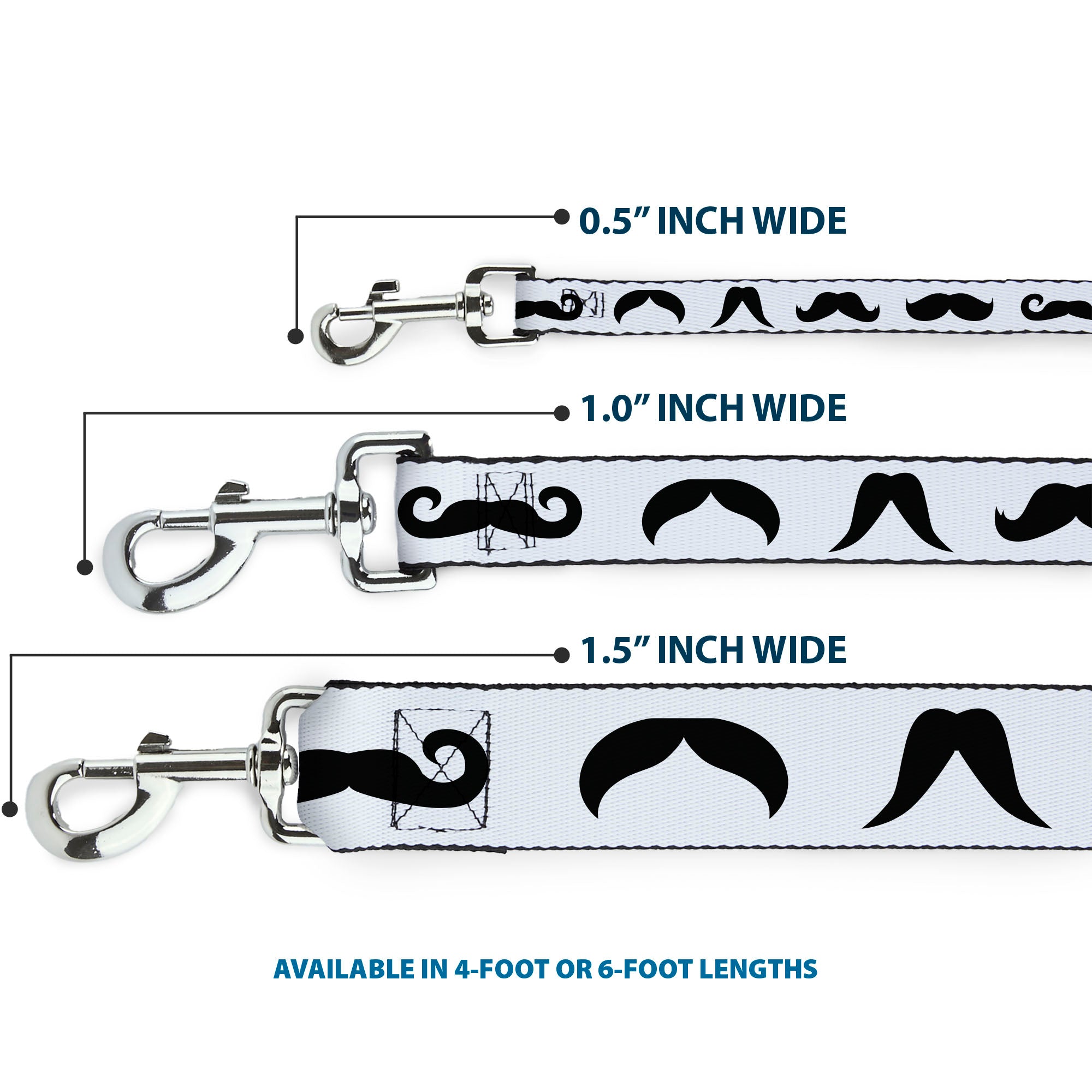 Dog Leash - Mustaches Straight White/Black