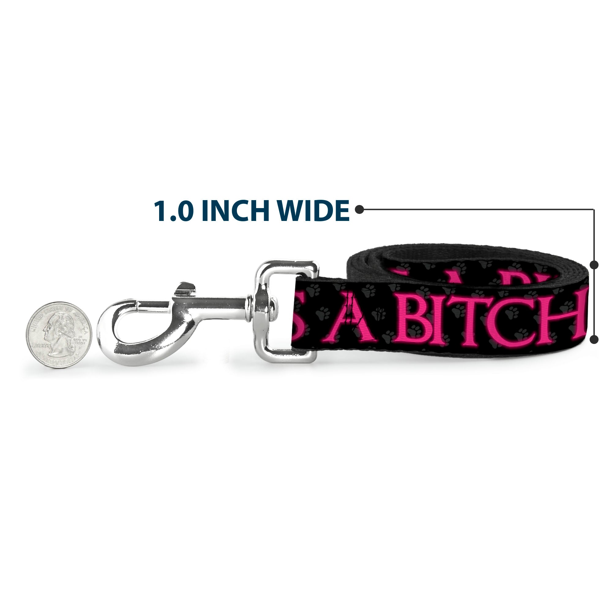 Buckle-Down Dog Leash - ONE OF US IS A BITCH Crown/Paws Black/Gray/Pink