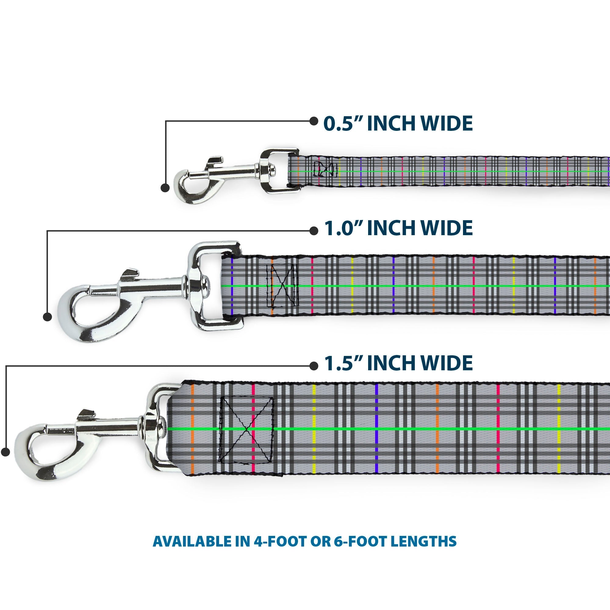 Dog Leash - Plaid Gray/Multi Neon