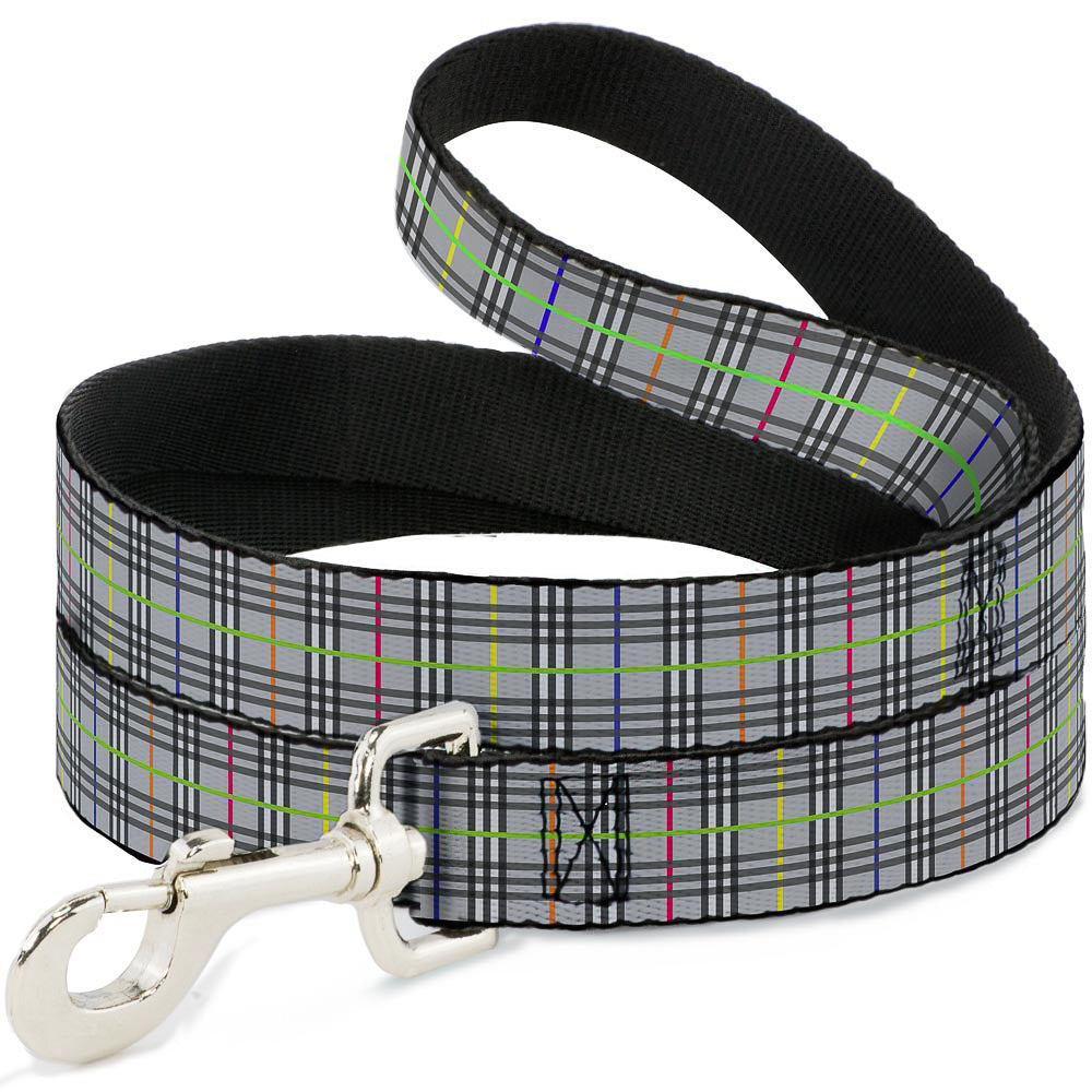 Dog Leash - Plaid Gray/Multi Neon