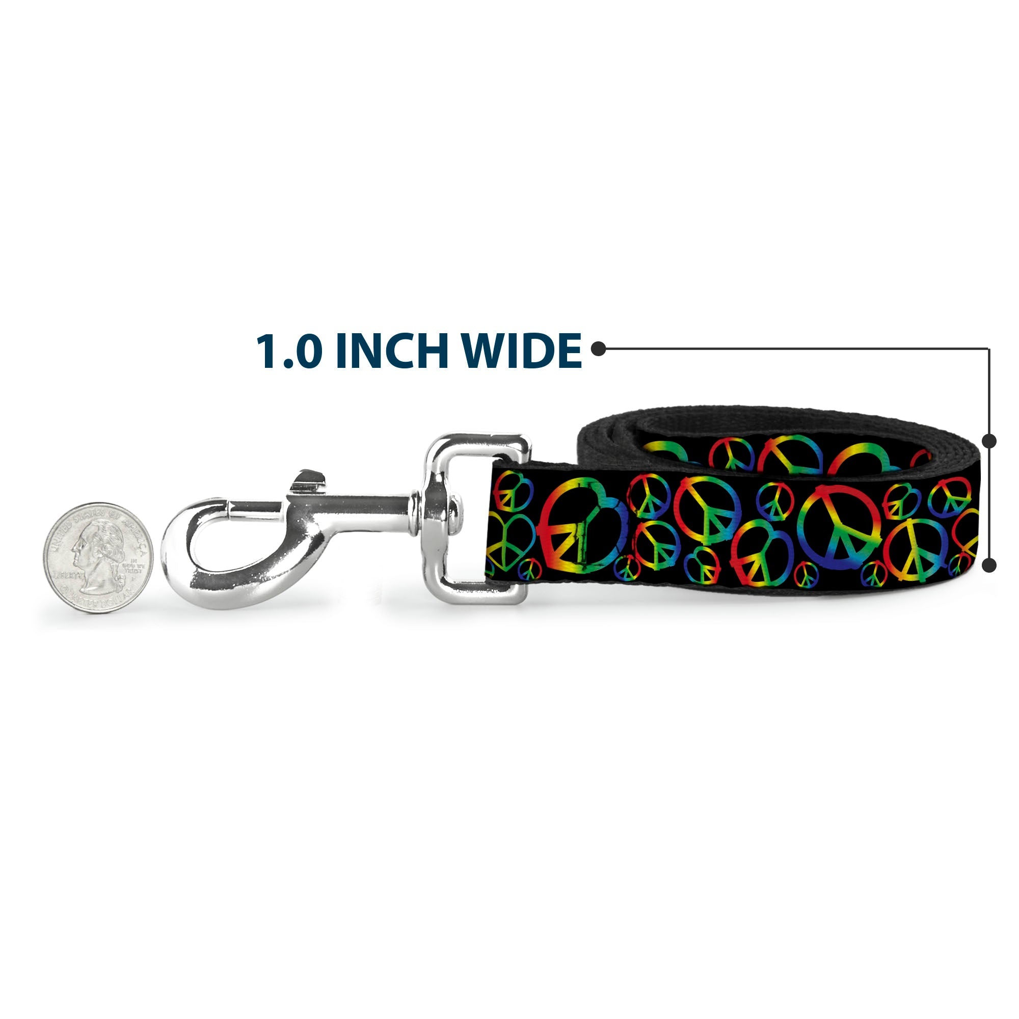 Dog Leash - Peace Heart Black/Rainbow Ombre
