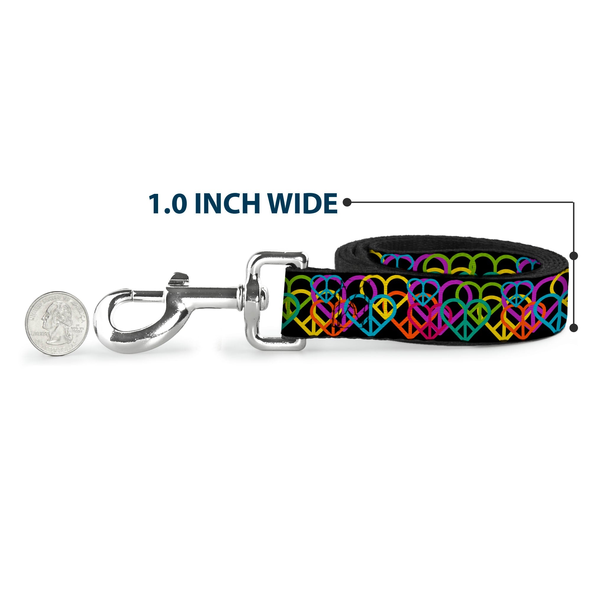 Dog Leash - Peace Hearts Stacked Black/Neon