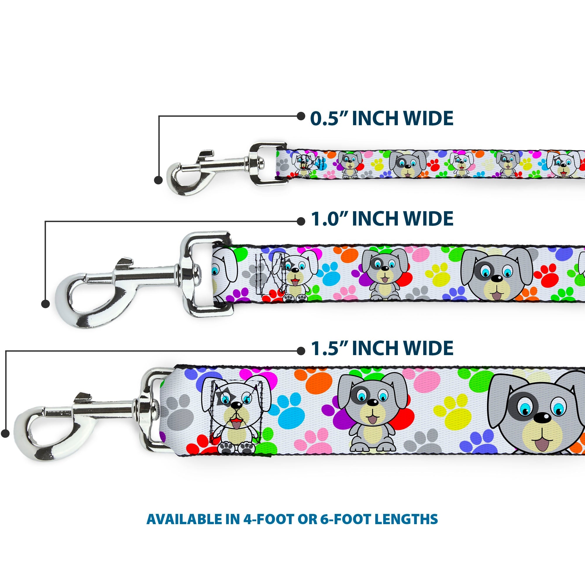 Dog Leash - Puppies w/Paw Prints White/Multi Color