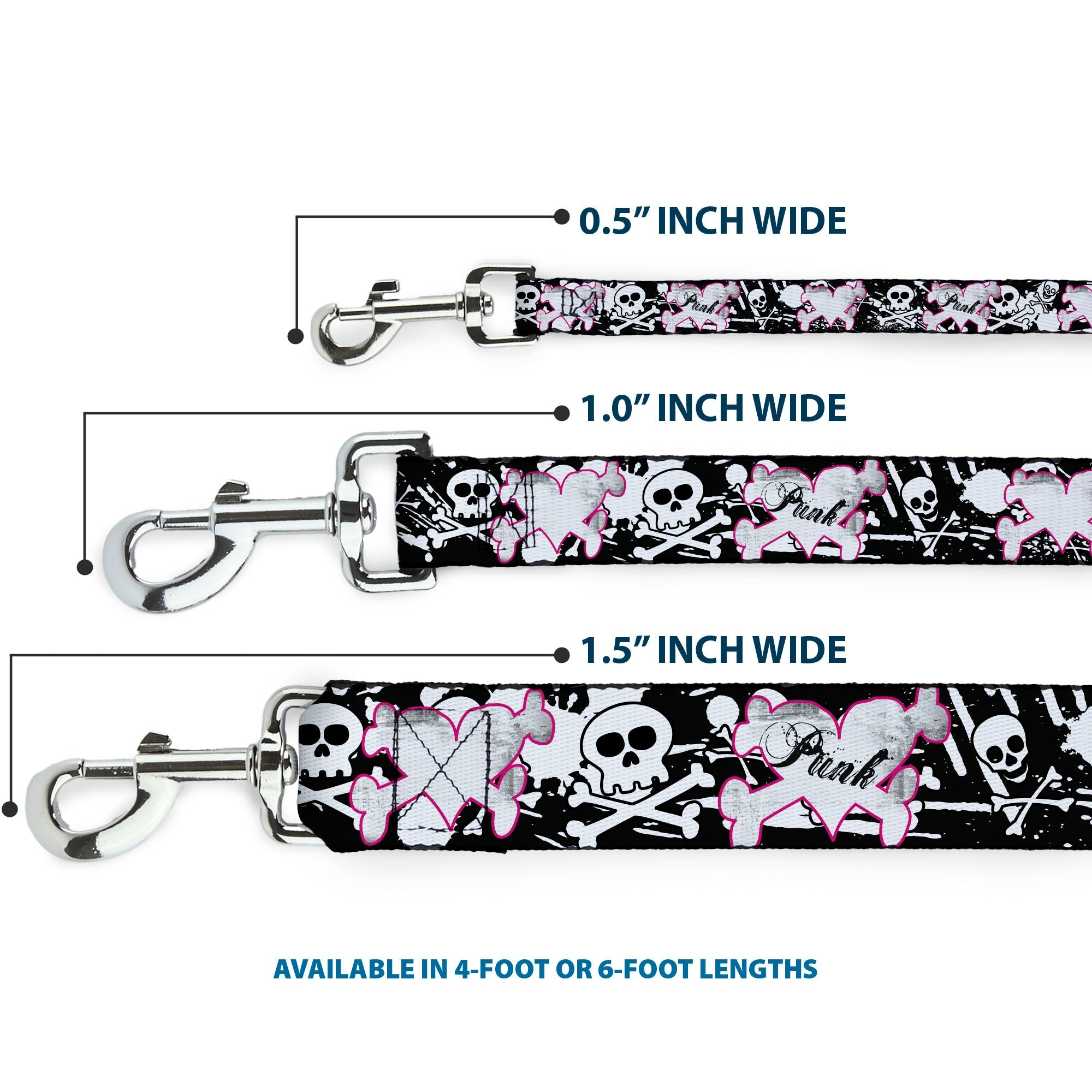Dog Leash - Punk Heart & Cross Bones w/Skulls & Splatter Black/White