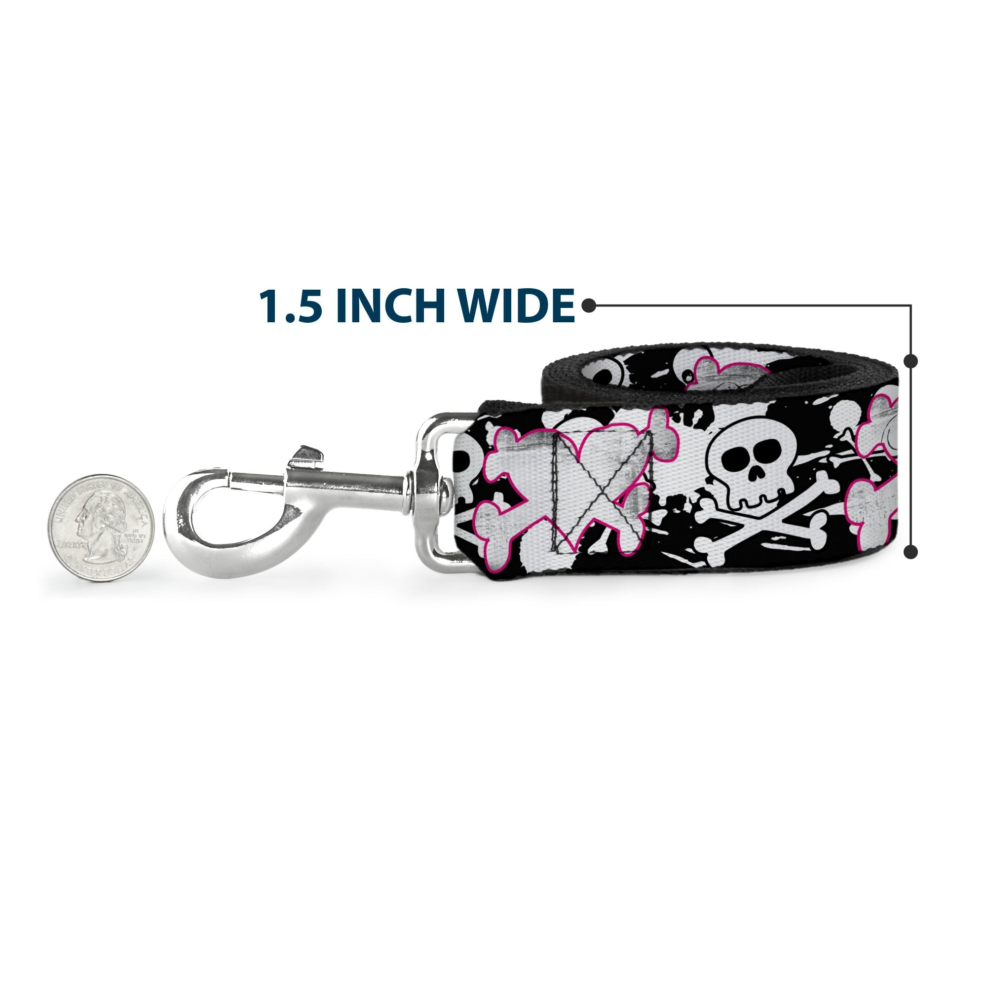 Dog Leash - Punk Heart & Cross Bones w/Skulls & Splatter Black/White