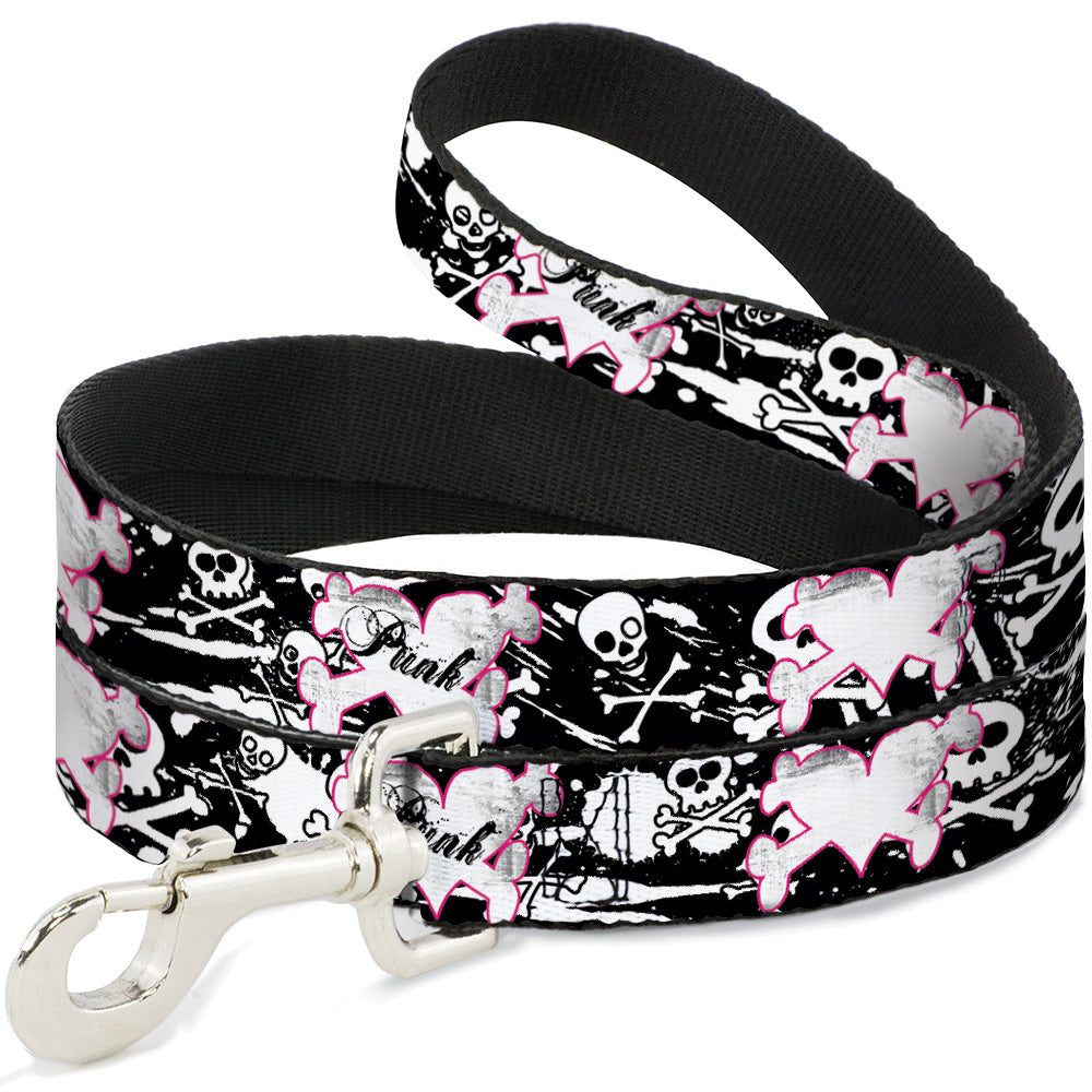 Dog Leash - Punk Heart & Cross Bones w/Skulls & Splatter Black/White