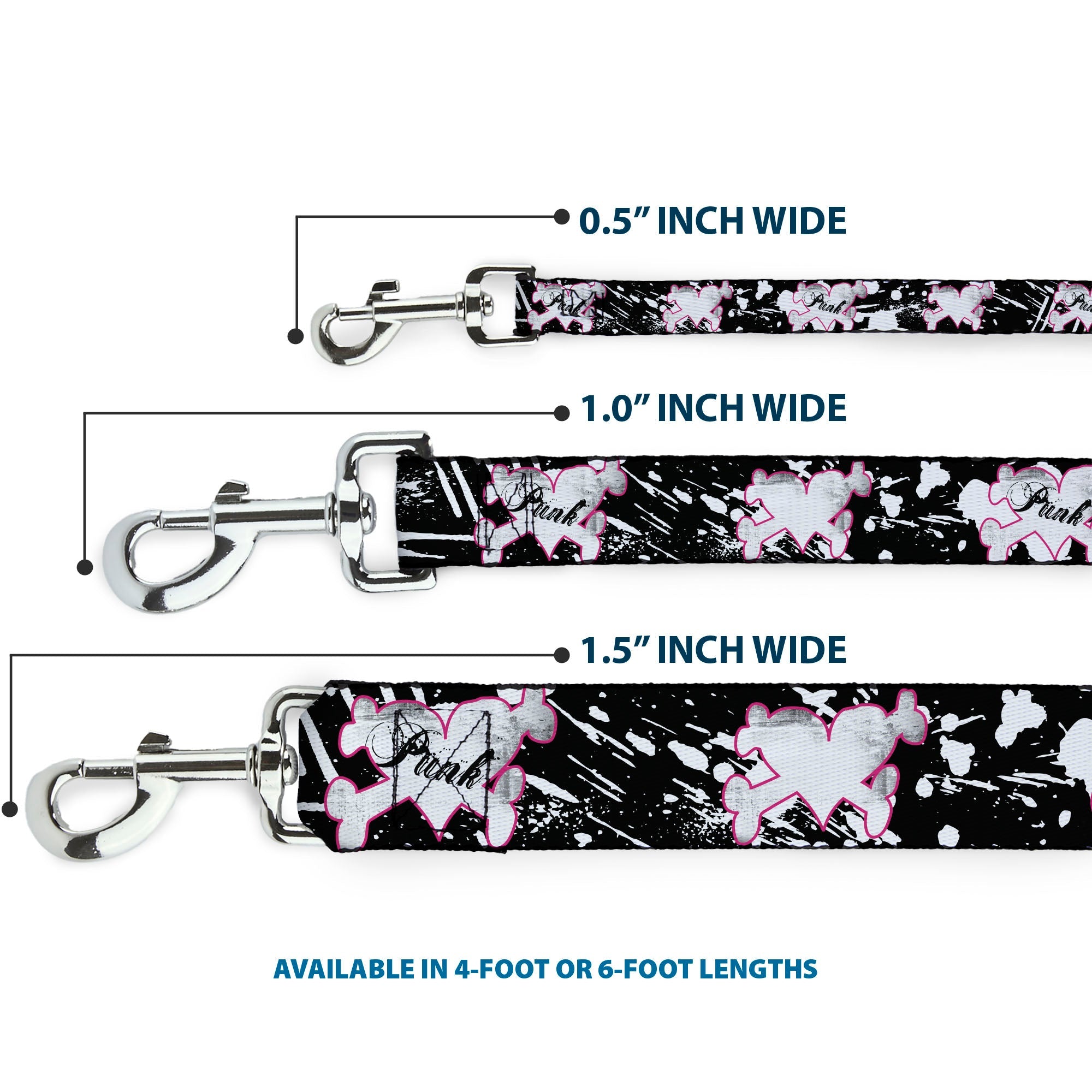Dog Leash - Punk Heart & Cross Bones w/Splatter Black/White