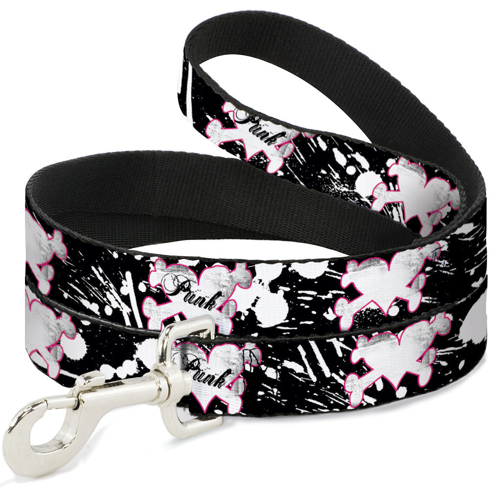 Dog Leash - Punk Heart & Cross Bones w/Splatter Black/White