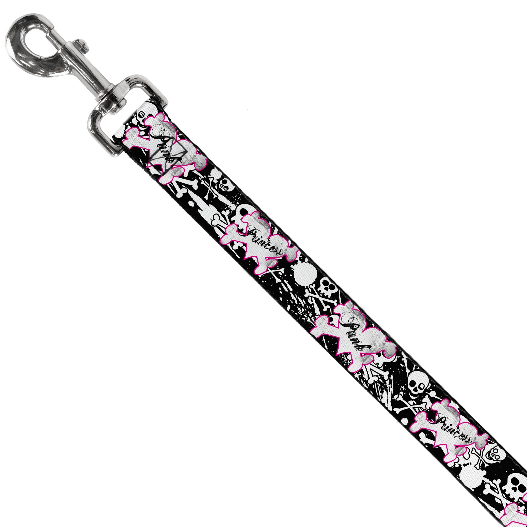 Dog Leash - Punk Princess Heart & Cross Bones w/Skulls & Splatter Black/White