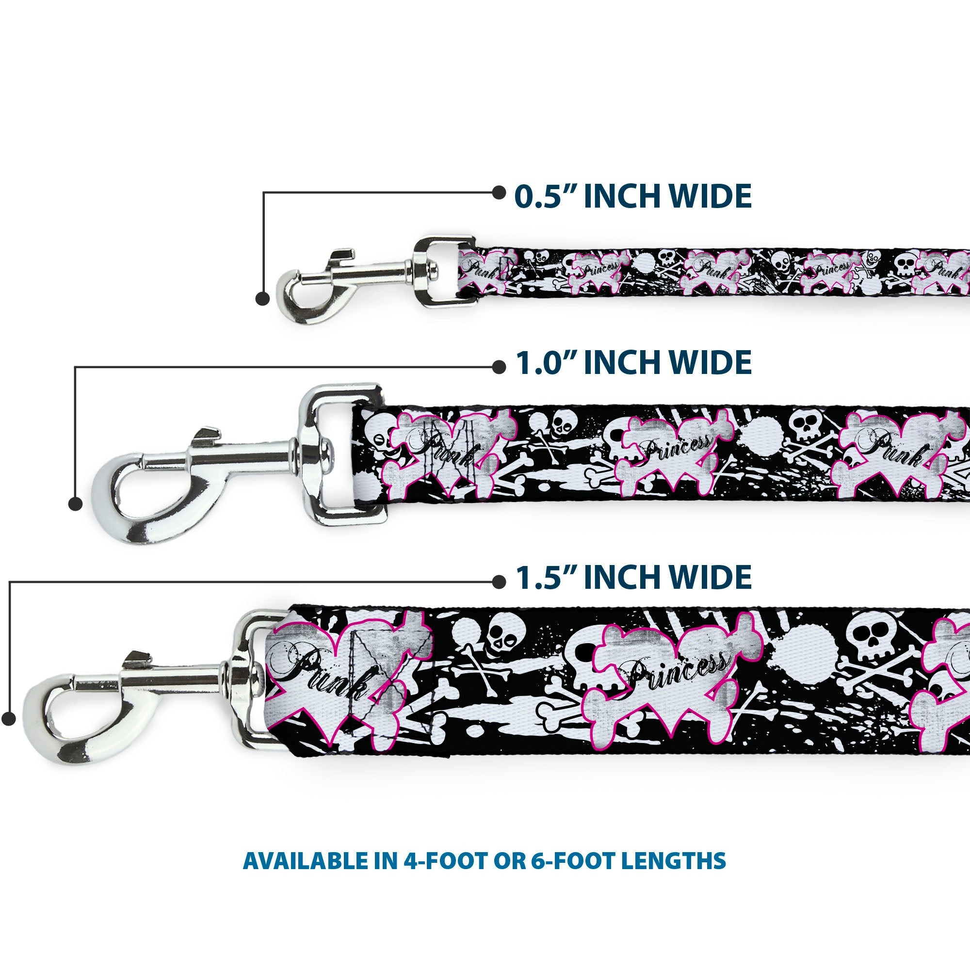 Dog Leash - Punk Princess Heart & Cross Bones w/Skulls & Splatter Black/White