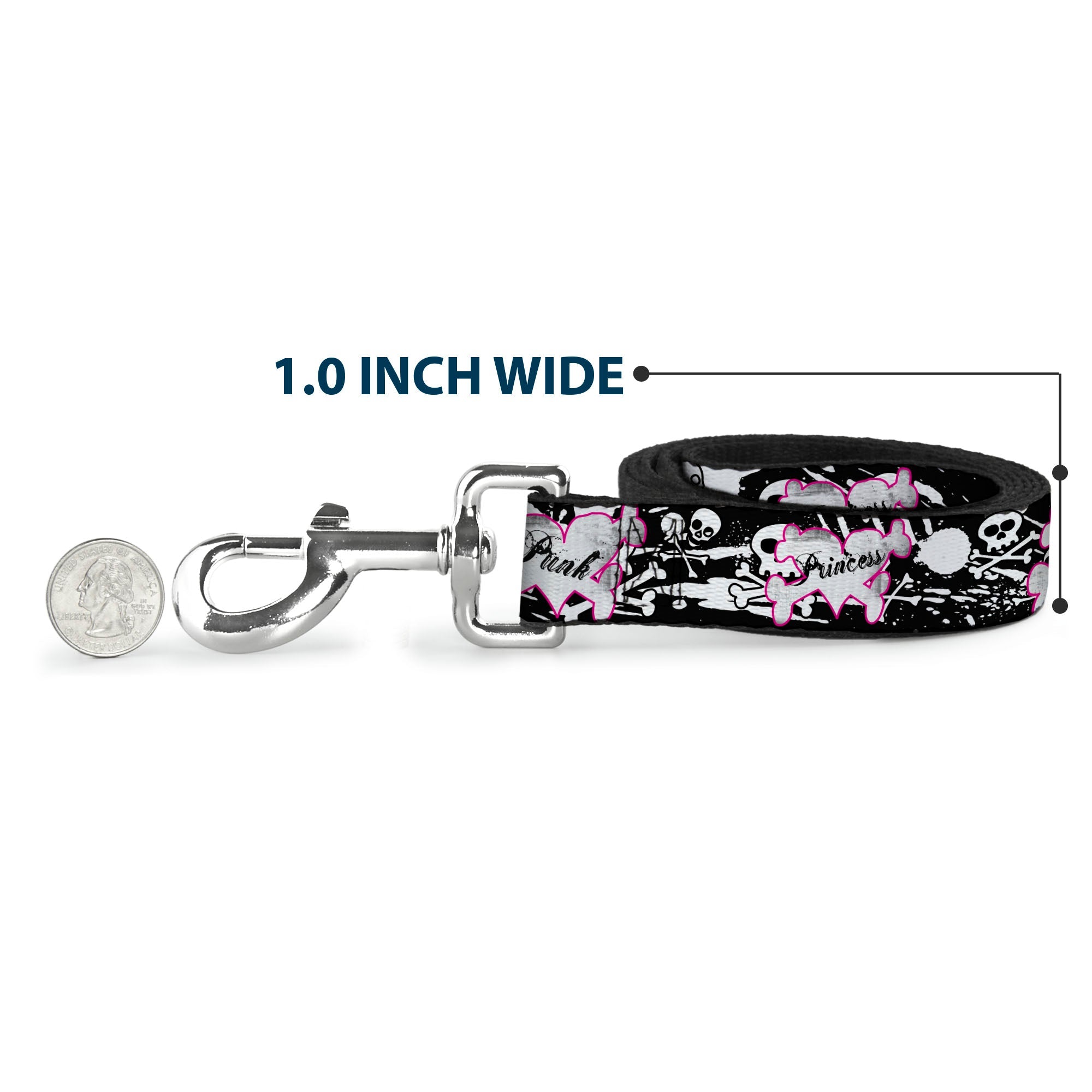 Dog Leash - Punk Princess Heart & Cross Bones w/Skulls & Splatter Black/White