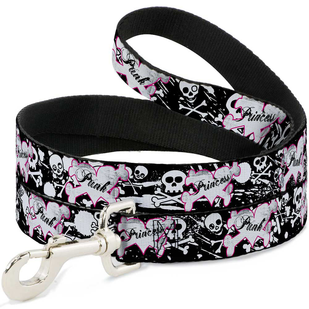 Dog Leash - Punk Princess Heart & Cross Bones w/Skulls & Splatter Black/White